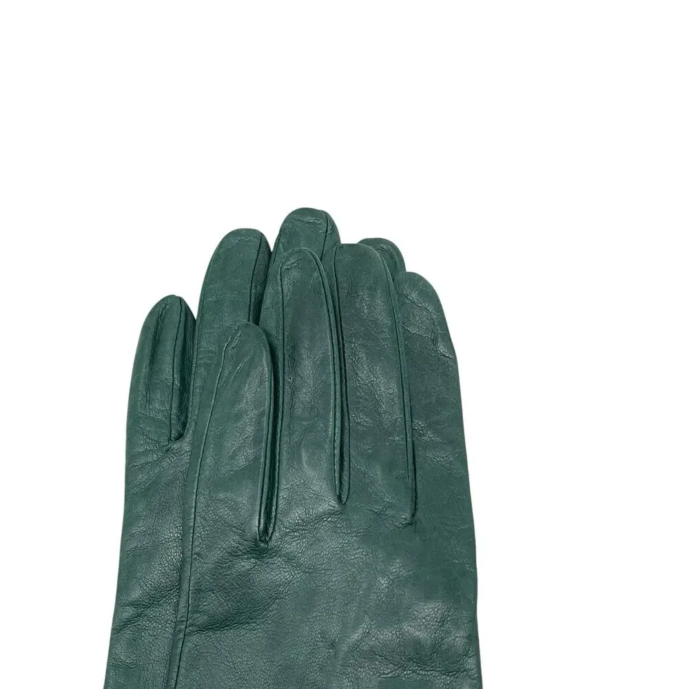 New Vintage Aris Isotoner Gloves Forest Green Leather Silk Lined Size 7 1/2